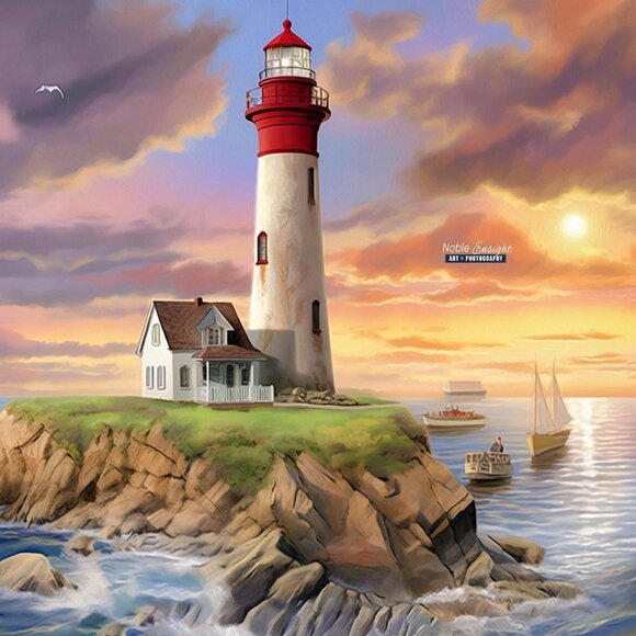 20x30 Lighthouse Majestic‎ Landscape Scene Watercolor Oil Painting Poster - Picture 5 of 8